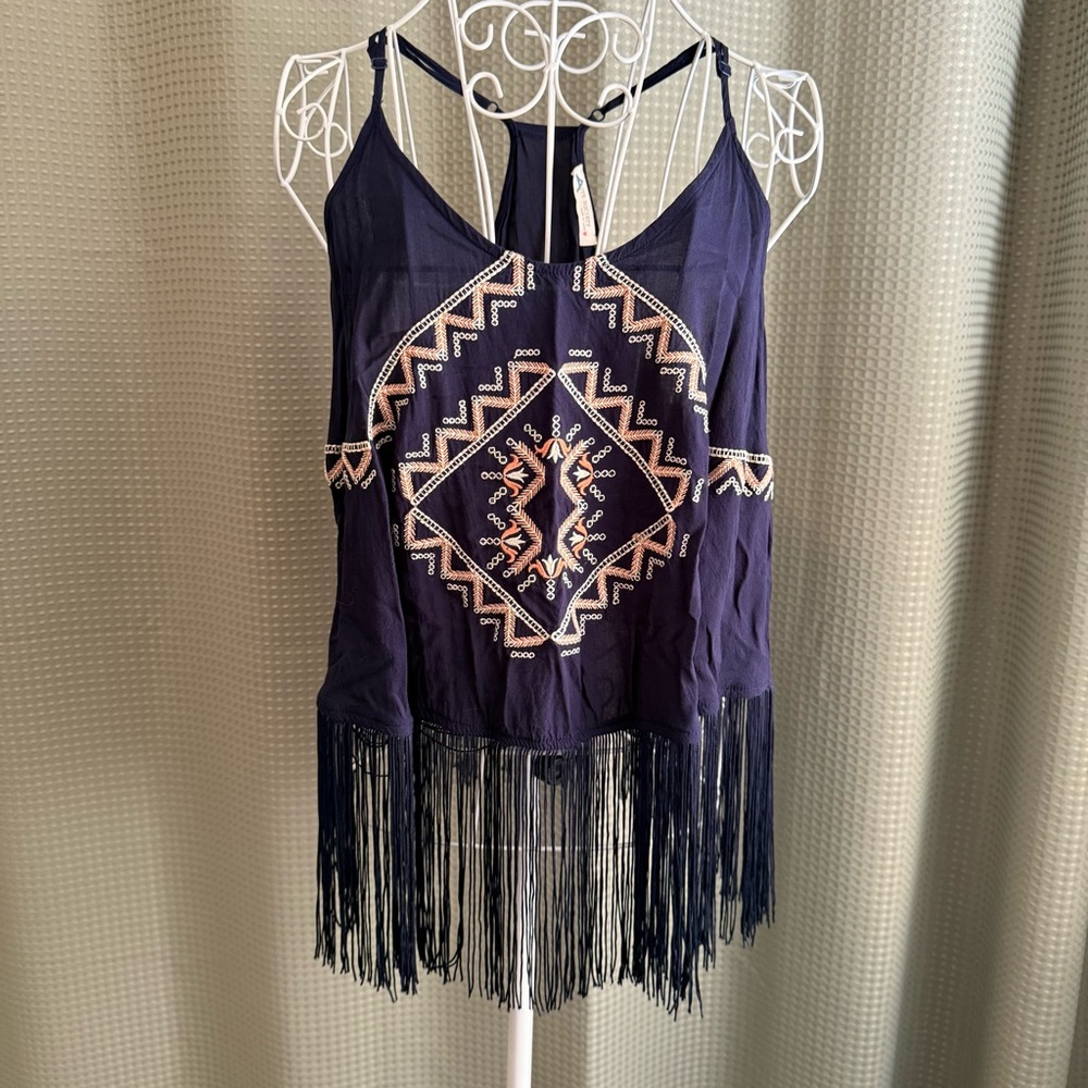 Haute Society Asymmetrical Embellished Blue Orange Tank Top
